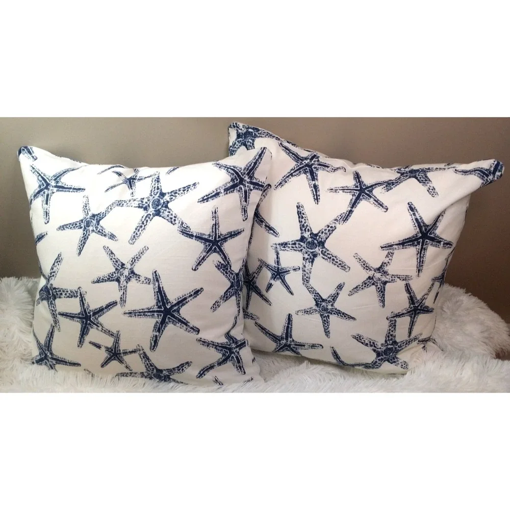 Starfish 20X20 Zippered Throw Pillow‎ Covers Pair Navy White Premier Prints NEW